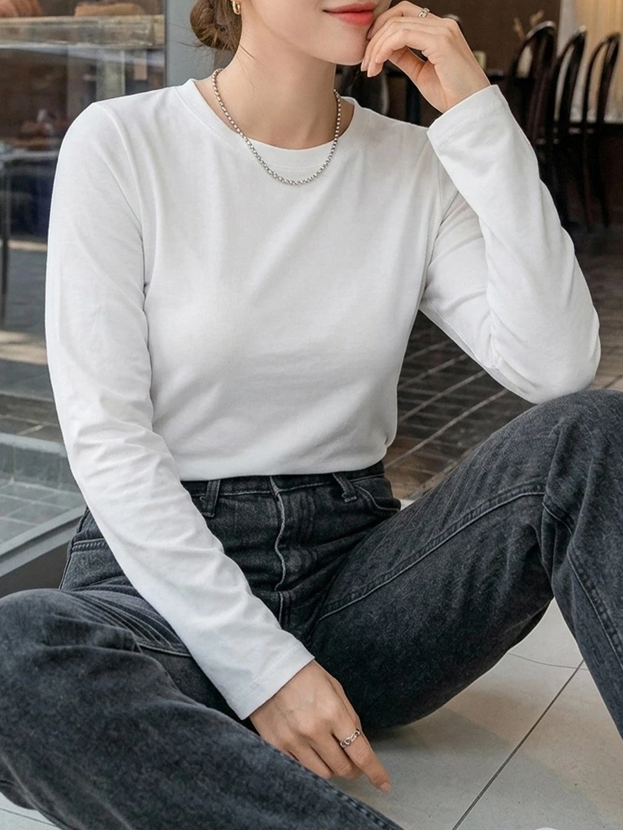 Dazy Plus Solid Color Casual Round Neck Versatile All-Match Long Sleeve White T-Shirt Spring/Autumn New Style - White - View 1