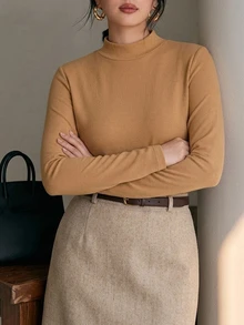 Dazy Plus Solid Color Casual Plus Size Thermal Lined Thickened Mock Neck Versatile Layering Long Sleeve Yellow Autumn/Winter T-Shirt - Yellow - View 4