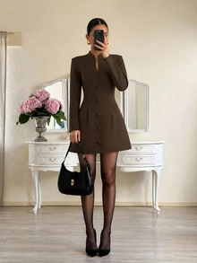 Firerie Women's Solid Color Button Design Long Sleeve Elegant Short Dress - Brown - View 6