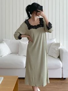 DAZY Women's Comfortable Versatile Lace Patchwork Long Sleeve Nightgown - Khaki - View 10