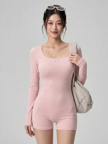 DAZY Women's Solid Color Bow Decor Long Sleeve Athletic Romper Fall - Pink - View 6
