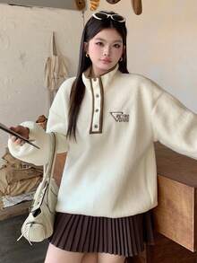 Dazy Plus Contrast Trim Letter Embroidery Loose Fleece Thickened Autumn/Winter Sweatshirt - Apricot - View 4