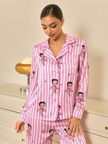 Betty Boop x SHEIN Set Piyama Atasan dan Celana Bergaris Kancing Tunggal untuk Wanita - Berwarna merah muda - View 3