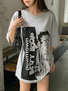 DAZY 女款卡通印花落肩寬鬆版型T恤 - 灰色 - 查看 4