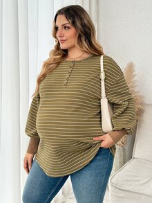 Plussiva 大尺碼孕婦條紋鈕扣半開襟長袖上衣 - 綠色 - 查看 3