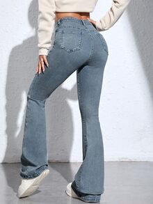 SHEIN ICON 休閒水洗喇叭褲牛仔褲 - 霧霾藍 - 查看 6