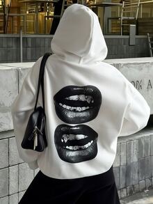 DAZY Women's Long Sleeve Hooded Sweatshirt With Lips Print On Back Fall Oversized T Shirts For Women - White - View 3