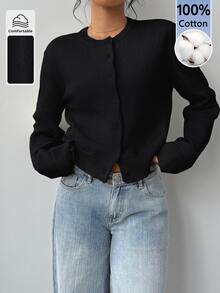 SHEIN BASICS 女款素色休閒百搭日常穿著長袖開襟衫 - 黑色 - 查看 4