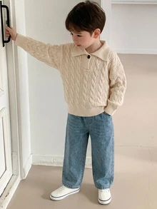 DAZY Atasan Sweater Rajut Tebal Longgar Kasual Musim Gugur/Dingin untuk Anak Laki-laki (Ukuran Kecil), Kerah Lipat, Gaya Dasar Aprikot - Aprikot - View 4