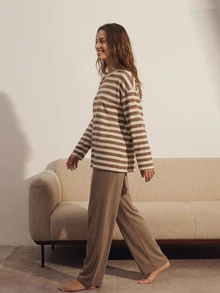 Livesso Women's Striped Colorblock Long Sleeve Top And Casual Long Pants Pajama Set Fall - Khaki - View 5