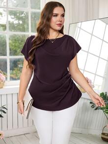 Reflora Plus Size Minimalist Pleated Waist Blouse For Office And Commute - Maroon - View 7