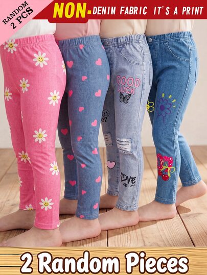 Randomly Shipped 2pcs: Girls (4-7 Years Old) Sweet Denim Effect Smiling Face Daisy & Heart Print Leggings, Casual Elastic Slim Fit Pants, 2-Piece Set Suitable For Spring/Autumn Daily School & Outdoor Play