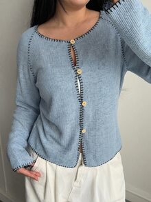 Dazy Plus Contrast Stitching Colorblock Fitted Home Casual Fashion Street Hollow Knit Long Sleeve T-Shirt - Blue - View 4