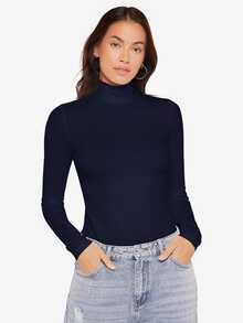 SHEIN BASICS High Neck Long Sleeves Rib-Knit Form Fitted Tee Tops For Women Black Tops - Navy Blue - View 4