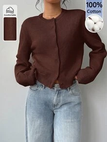 SHEIN BASICS 女款秋冬休閒純色開襟羊毛衫 - 咖啡棕 - 查看 4