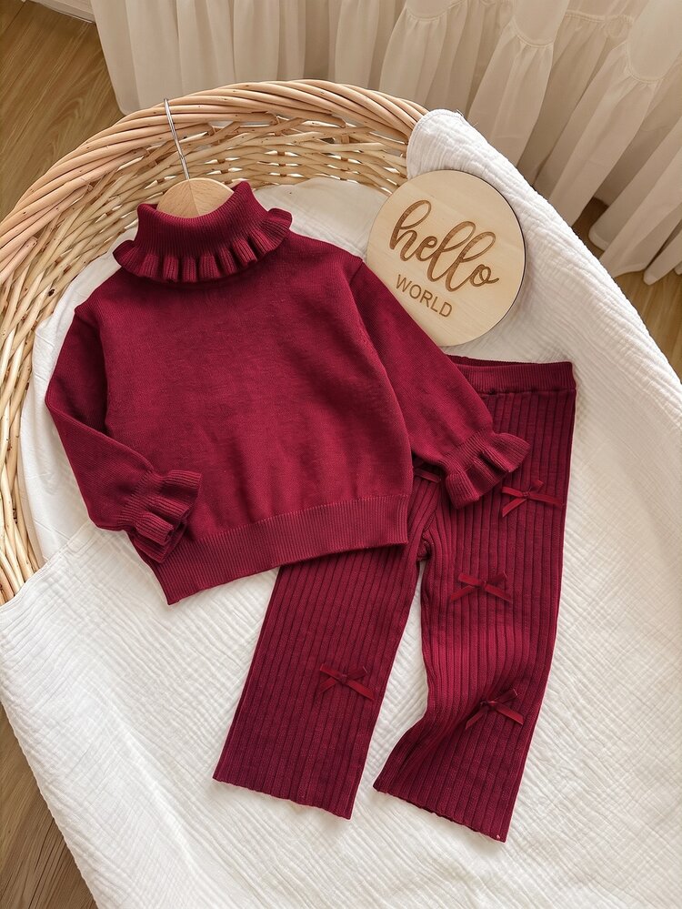 SHEIN Baby Girl Autumn/Winter Casual Solid Color High Neck Sweater & Knitted Pants Set - Burgundy - View 6