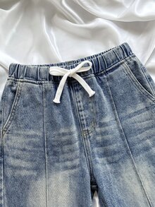SHEIN 青少年女孩腰部繫帶寬腿寬鬆牛仔長褲 - 淺色水洗藍 - 查看 6