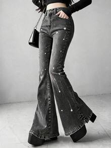 FRIFUL Women's Casual Washed Rhinestone Decorated Flare Jeans Fall - Black - View 2