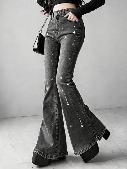 FRIFUL Women's Casual Washed Rhinestone Decorated Flare Jeans