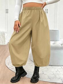Elenzga 大尺碼女款純色休閒百搭日常穿著長褲 - 卡其色 - 查看 5