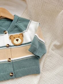 SHEIN Newborn Baby 3D Bear Pattern Colorblock Casual Daily Autumn Cardigan - Green - View 3