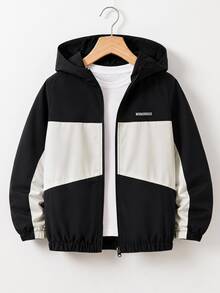 SHEIN Tween Boy Autumn Colorblock Patchwork Hooded Jacket - Black and White - View 7