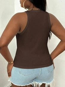 Slaydiva Camiseta de tirantes ajustada de talla grande de color liso - Marrón - Ver 2