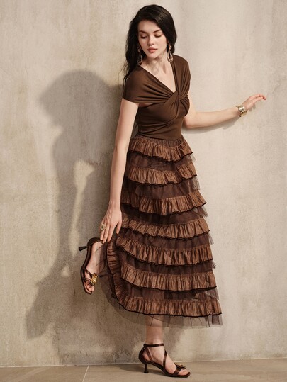 Anewsta Women's Brown Elegant Fitted Twisted Knit Top With Mesh Patchwork Ruffle Tiered Long Dress