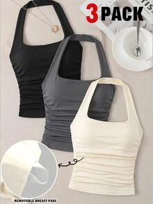 Girlism 青少年女孩加厚掛脖式內衣背心 3件/組，適合日常穿著 - 彩色 - 查看 3