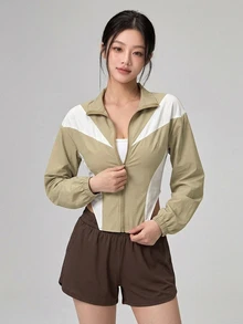DAZY Colorblock Patchwork Front Zip-Up Sports Jacket Fall - Mint Green - View 7