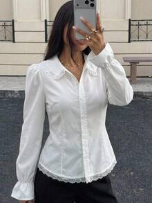SHEIN 青少年女孩白色襯衫 花瓣袖蕾絲拼接法式甜美風 正式場合內搭外穿日常穿著 - 白色 - 查看 1