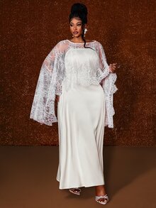 Maweii Gaun Pesta Formal Wanita Ukuran Plus Eropa Tanpa Tali Model A-Line Elegan dengan Selendang Renda Putih, Set 2 Potong, Pernikahan Musim Gugur Serba Putih - Putih - View 4