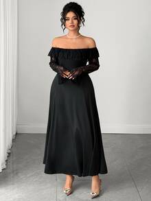 Cravure Plus Size Women's Off-Shoulder Contrast Lace Long Dress Fall - Black - View 4