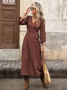 Brillora Brown And White Polka Dot Wrap Midi Dress, Long Sleeve V‑Neck For Summer Commute,Wrap Design, Clothes,Office Vacation Outfits,Christmas Boho - Brown - View 5