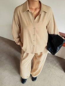Dazy Plus Solid Color Casual Traditional Loose Long Sleeve Shirt And Wide Leg Pants 2 Pieces Set, Fun Commute Outfit Autumn Formal Vacation Beige - Khaki - View 8