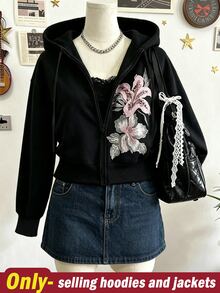 Lalippa Best-Selling Women's Casual Knit Loose Cropped Long Sleeve Sweatshirt/Print Design - Lily Flower Pattern/Black Sweatshirt - Black - View 4