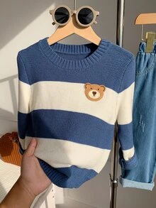 SHEIN Young Boys Cartoon Bear Kids Striped Pattern Crew Neck Long Sleeve Pullover Autumn Sweater - Multicolor - View 8