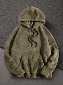 Mainfolk 男士舒適長袖連帽口袋運動衫，冬季款 - 卡其色 - 查看 1