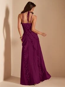 SHEIN BAE 春夏女款粉色掛脖百褶精緻開衩高開衩洋裝，婚禮賓客禮服，情人節洋裝，粉色洋裝 - 中紫紅色 - 查看 2