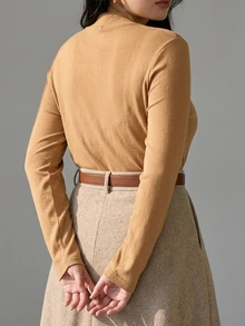 Dazy Plus Solid Color Casual Plus Size Thermal Lined Thickened Mock Neck Versatile Layering Long Sleeve Yellow Autumn/Winter T-Shirt - Yellow - View 2