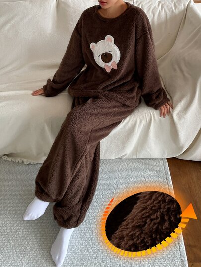 DAZY Conjunto de 2 piezas de sudadera holgada con estampado de oso lindo y pantalones de pijama con puños, forro térmico, conjunto de ropa de dormir para mujer para otoño/invierno