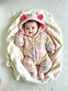 SHEIN Baby Girl Toddler Fuzzy Jumpsuit Cute Funny Pink Colorful 3D Ears Floral Long Sleeve Hooded Thick Birthday Winter Halloween Autumn Zipper - Multicolor - View 5