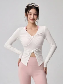 DAZY Women's Minimalist Front Knot Ruched Long Sleeve Sports T-Shirt Fall - White - View 6