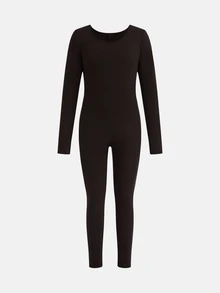 Girlism 青少年女孩針織抓絨圓領長袖修身連身褲，休閒秋季穿搭 - 咖啡棕 - 查看 3