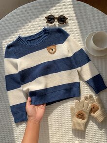 SHEIN Young Boys Cartoon Bear Kids Striped Pattern Crew Neck Long Sleeve Pullover Autumn Sweater - Multicolor - View 3