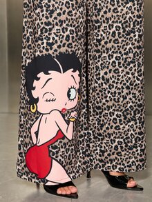 Betty Boop x SHEIN Women's Leopard Print Cartoon Wide Leg Long Pants - Brown - View 8