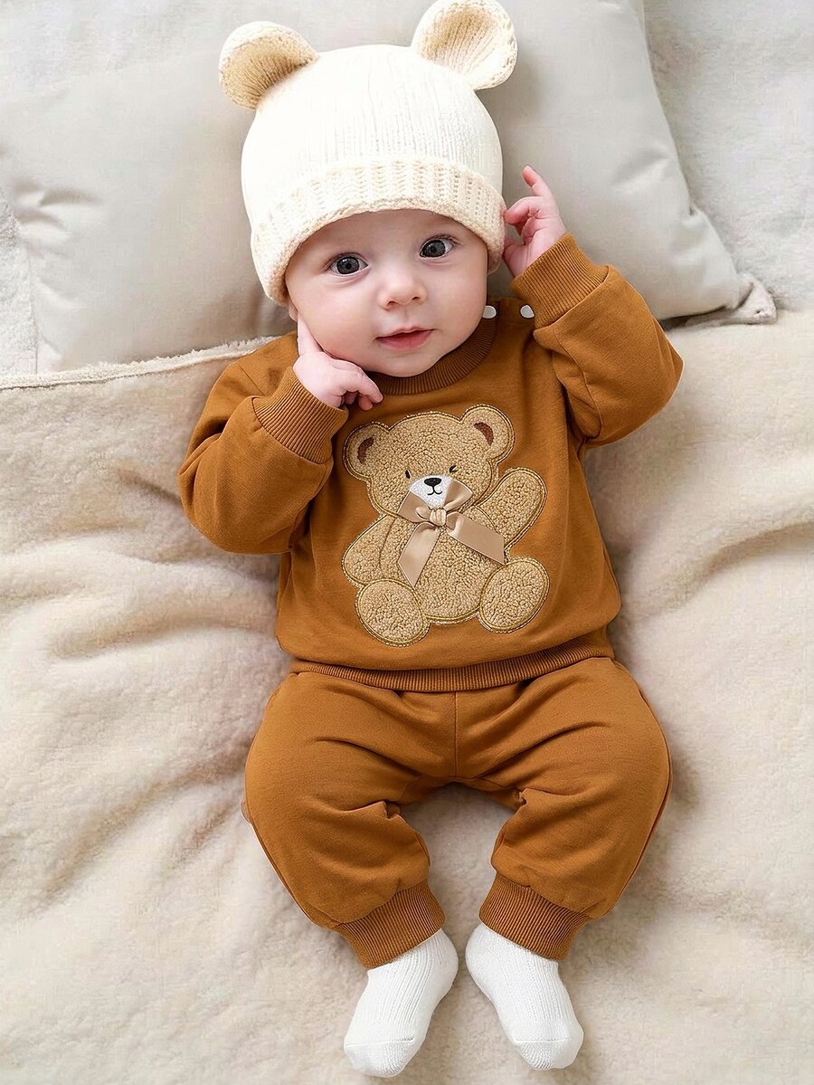 SHEIN 2 Piece Newborn Sweatshirt Set Fall Caramel Color Infant 2 Piece Set Vintage Cute Baby Cartoon Top With Shoulder Snap Buttons Plush Teddy Bear Patch E - Brown - View 1