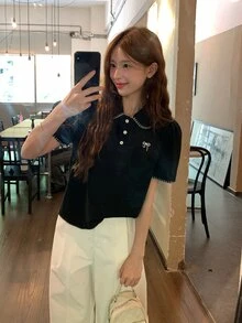 DAZY 女款韓式休閒短袖翻領T恤 - 黑色 - 查看 9