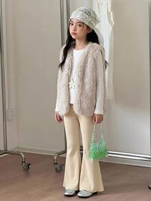 Dazy Kids Tween Girl) Sleeveless Fur Vest Top + Fur Flared Casual Pants 2pcs Sweater Set - Beige - View 4