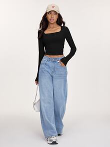 SHEIN BASICS 3件組女款純色針織長袖修身方領短版T恤，夏季服飾 - 彩色 - 查看 6
